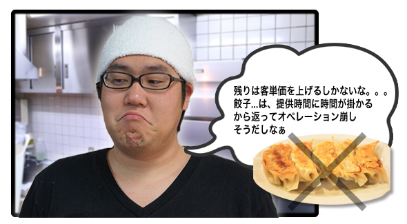 残りは客単価を上げるしかないな。。。餃子...は、提供時間に時間が掛かるから返ってオペレーション崩しそうだしなぁ?