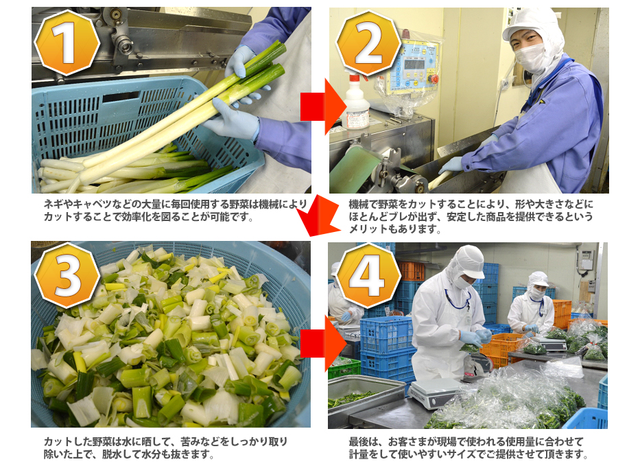 ネギやキャベツなどの大量に毎回使用する野菜は機械によりカットすることで効率化を図ることが可能です,機械で野菜をカットすることにより、形や大きさなどにほとんどブレが出ず、安定した商品を提供できるというメリットもあります,カットした野菜は水に晒して、苦みなどをしっかり取り除いた上で、脱水して水分も抜きます,最後は、お客さまが現場で使われる使用量に合わせて計量をして使いやすいサイズでご提供させて頂きます