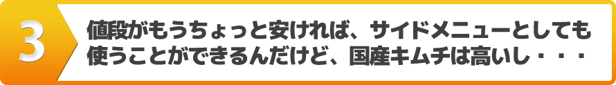 値段がもうちょっと安ければ、サイドメニューとしても使うことができるんだけど、国産キムチは高いし・・・