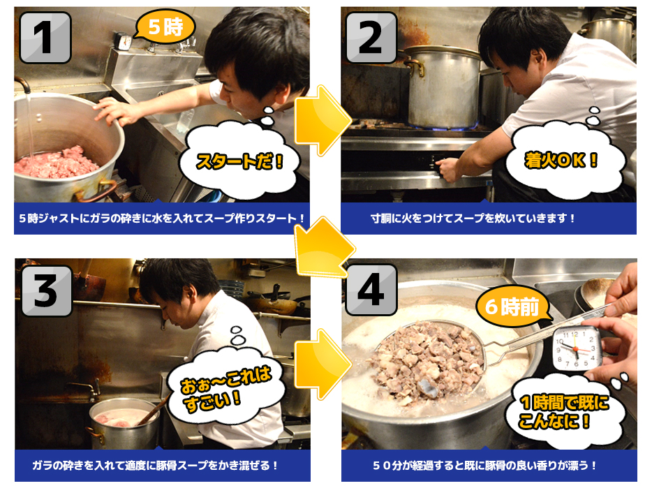 5時ジャストにガラの砕きに水を入れてスープ作りスタート!寸胴に火をつけてスープを炊いていきます!ガラの砕きを入れて適度に豚骨スープをかき混ぜる!50分が経過すると既に豚骨の良い香りが漂う!