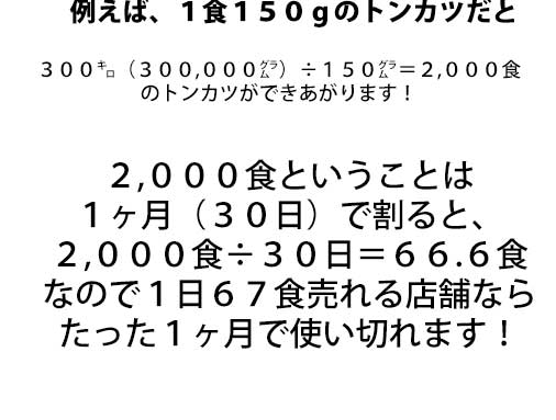 例えば、１食１５０ｇのトンカツだと３００㌔（３００,０００㌘）÷１５０㌘＝２,０００食のトンカツができあがります！