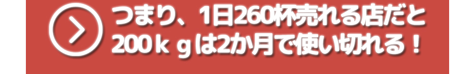 つまり一日260杯売れる店だと200kgは2か月で使いきれる!